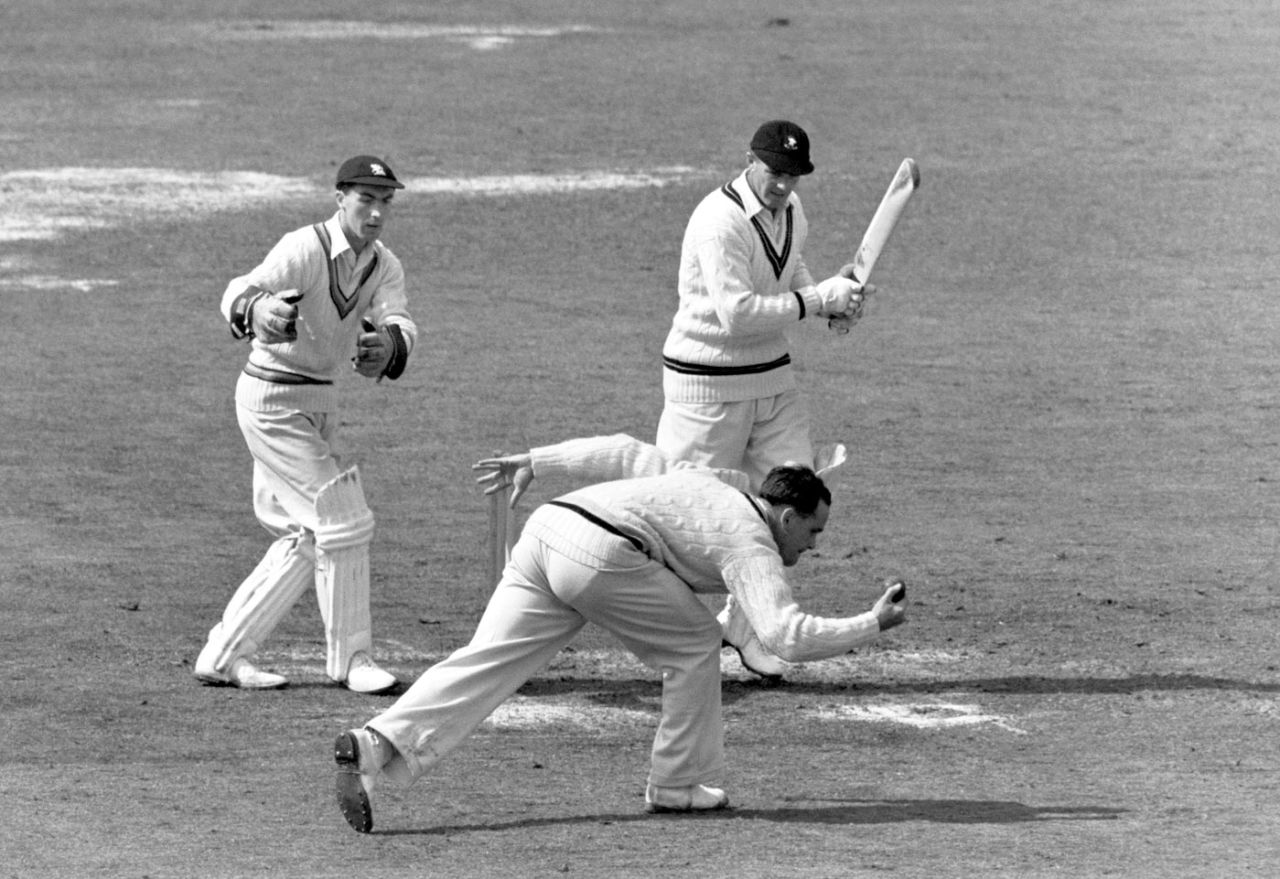 Brian Close stops a ball from Jack Cheetham as keeper Keith Andrew looks on, MCC v South Africans, 1st day, Lord's, May 21, 1955