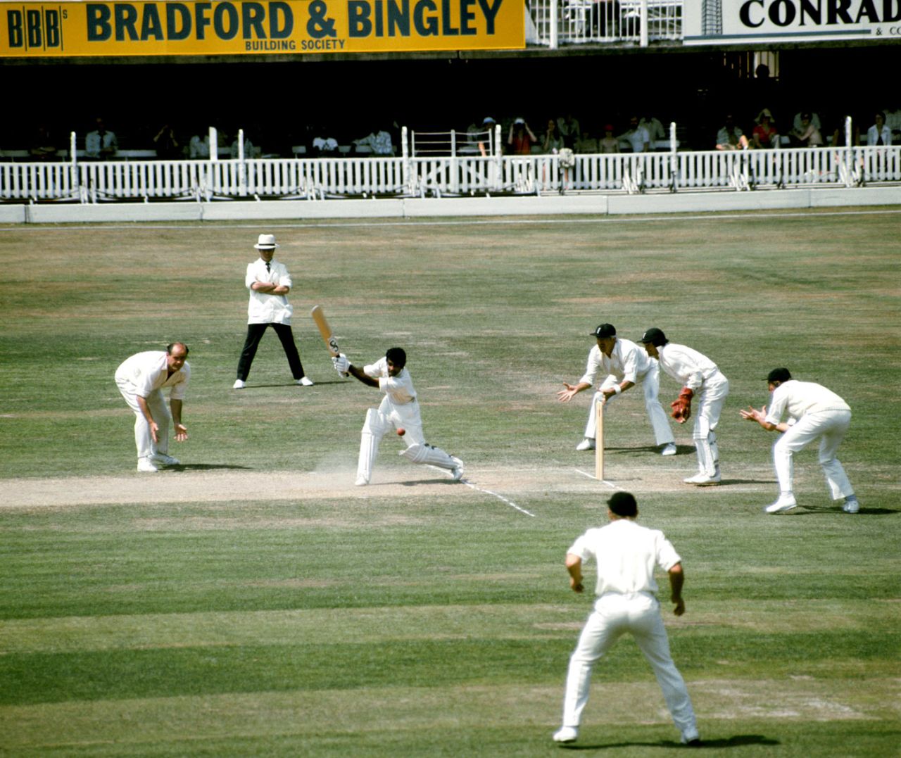Alvin Kallicharran drives as Brian Close at short leg looks on, England v West Indies, 2nd Test, Lord's, 5th day, June 22, 1976
