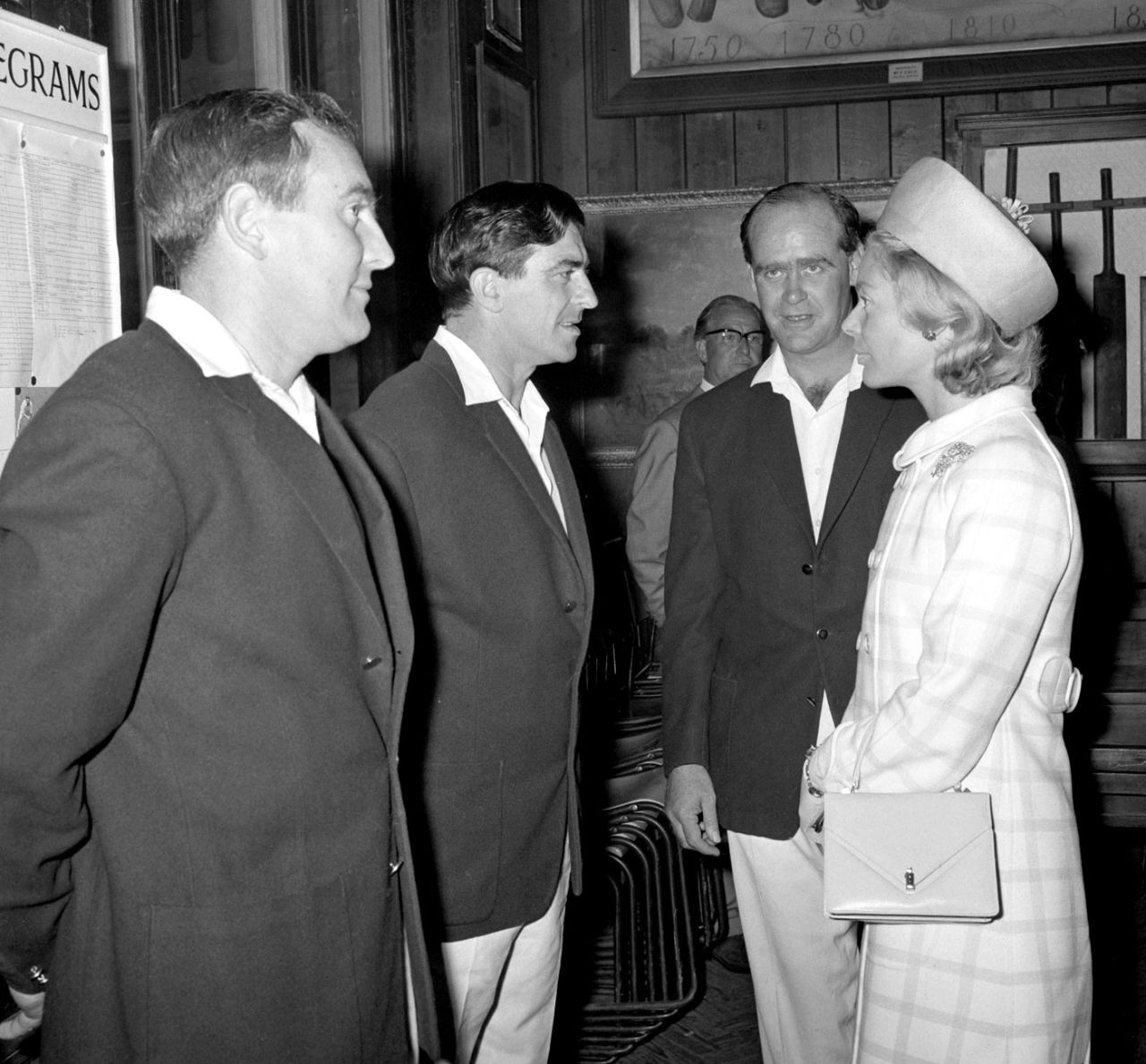 Ray Illingworth, Fred Trueman and Brian Close talk to the Duchess of Kent, Canterbury, August 1, 1968