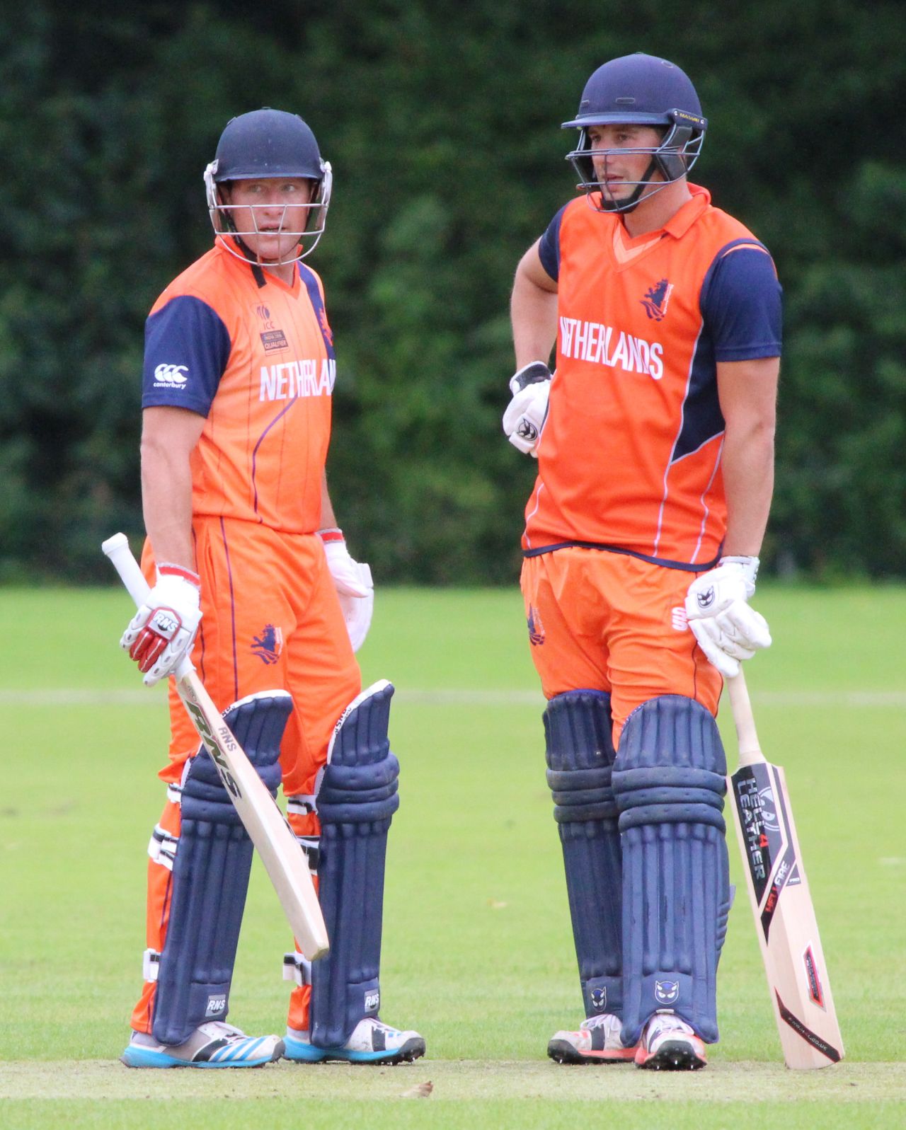 Roelof van der Merwe (l) and Pieter Seelaar (r) put on a 126-run stand for the sixth wicket, Netherlands v Scotland, WCL Championship, Amstelveen, September 15, 2015