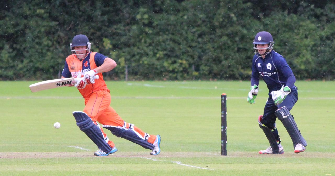 Roelof van der Merwe sets off for a single as rain comes down during his 62 not out, Netherlands v Scotland, WCL Championship, Amstelveen, September 15, 2015