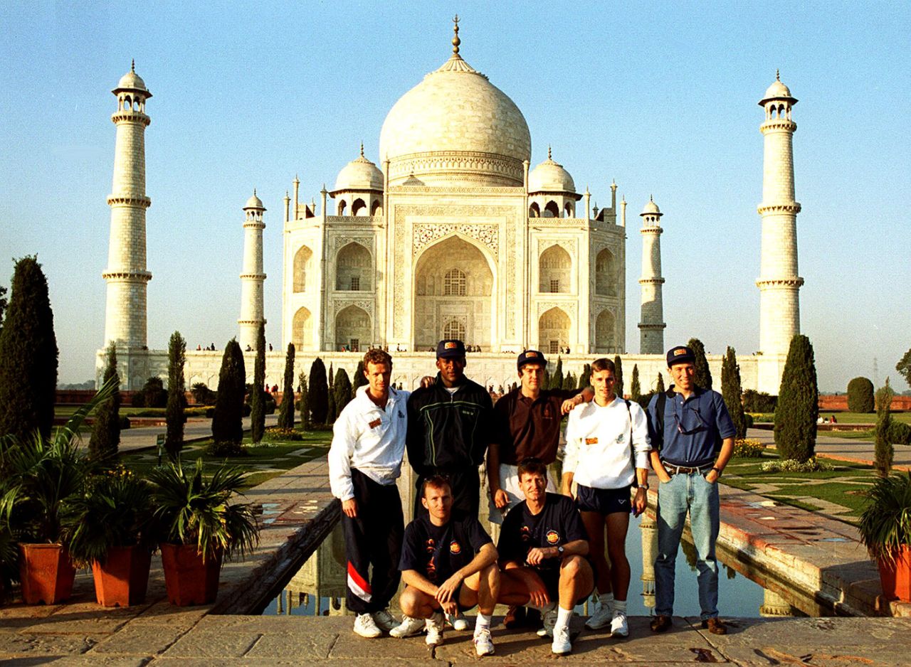 England cricketers pose in front of the Taj Mahal. Back row (from left): Paul Jarvis, Devon Malcolm, Ian Salisbury, Richard Blakey and Mike Atherton. Front row: Neil Fairbrother and Paul Taylor, Agra, January 14, 1993