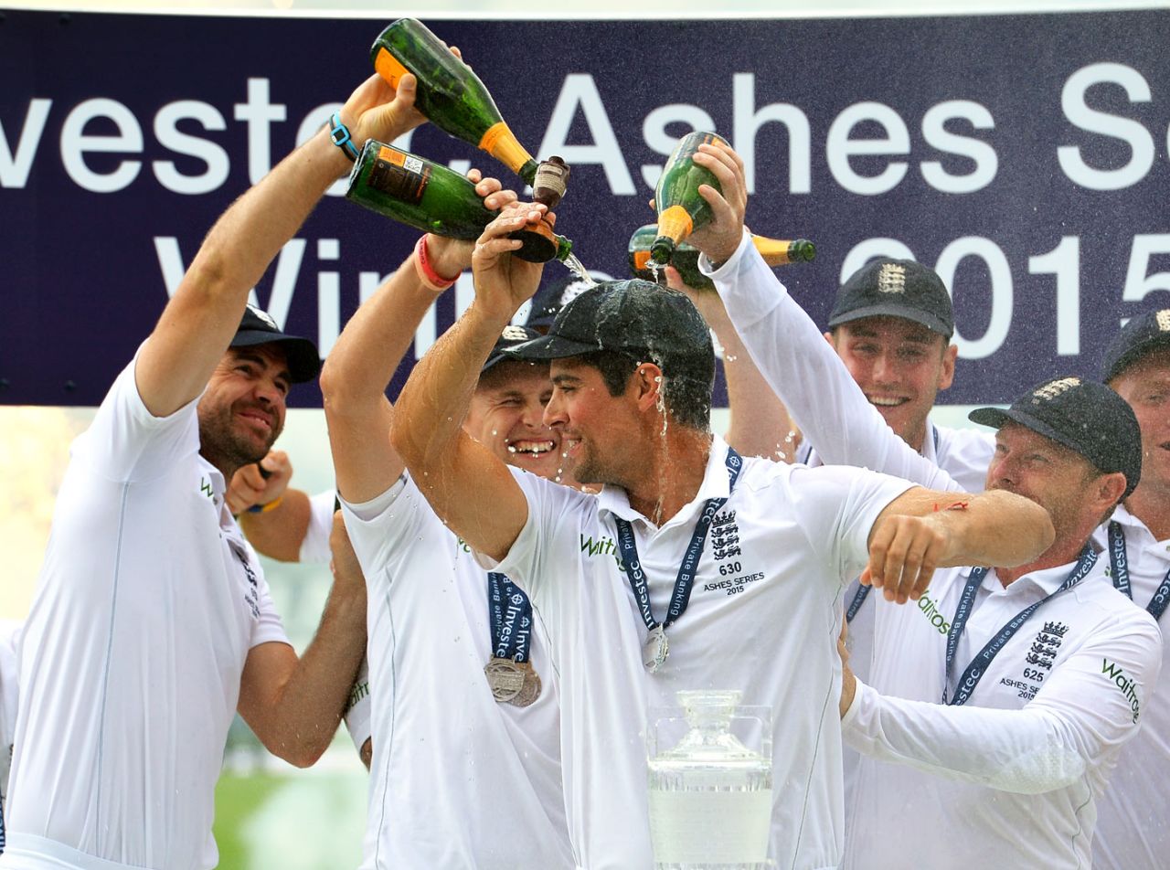 Alastair Cook is doused with champagne, England v Australia, 5th Investec Ashes Test, The Oval, 4th day, August 23, 2015