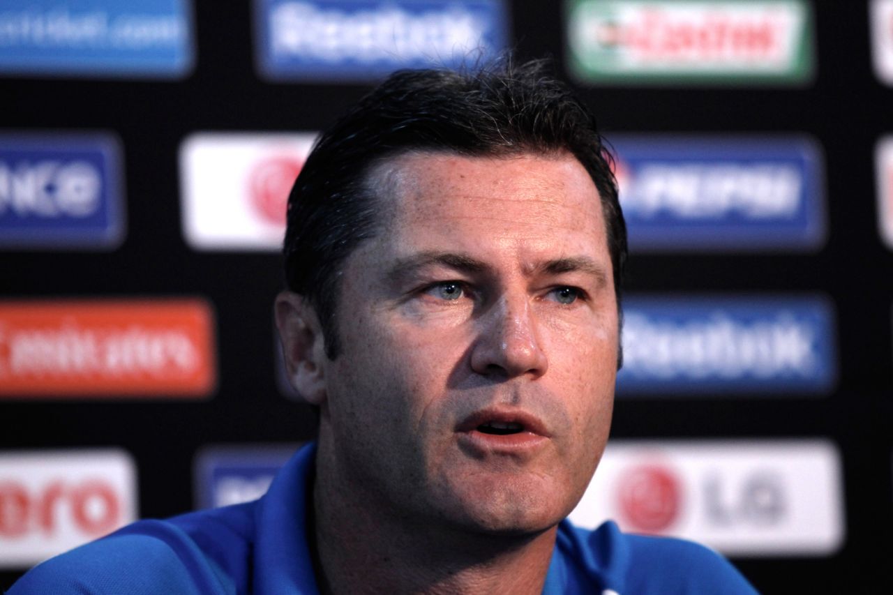 Umpire Simon Taufel addresses the media  during an ICC World T20 press conference to announce his decision to step down from umpiring, October 6, 2012, Colombo