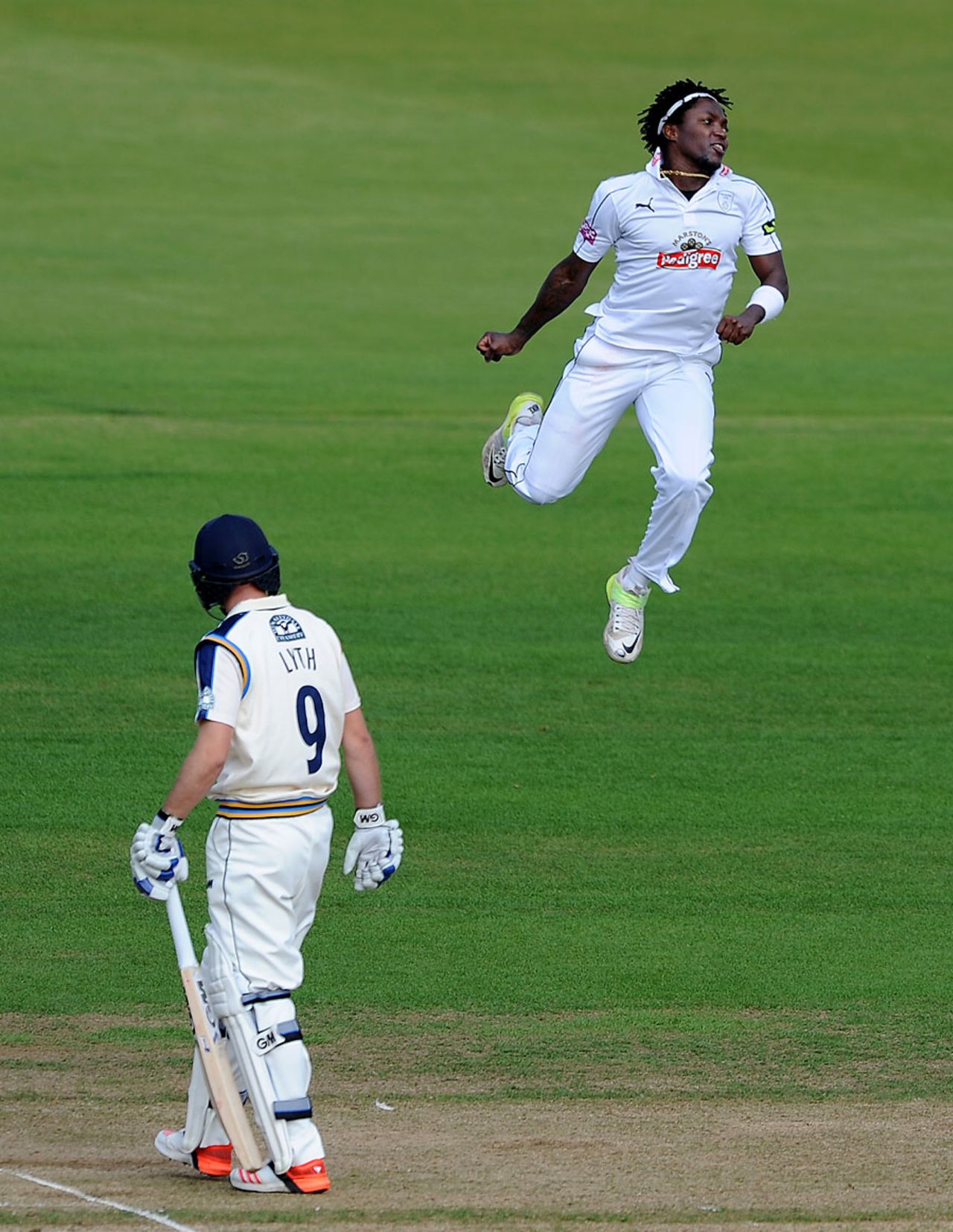 Fidel Edwards jumps for joy after removing Alex Lees, Hampshire v Yorkshire, LV= County Championship, Division One, Ageas Bowl, 4th day, September 17, 2015