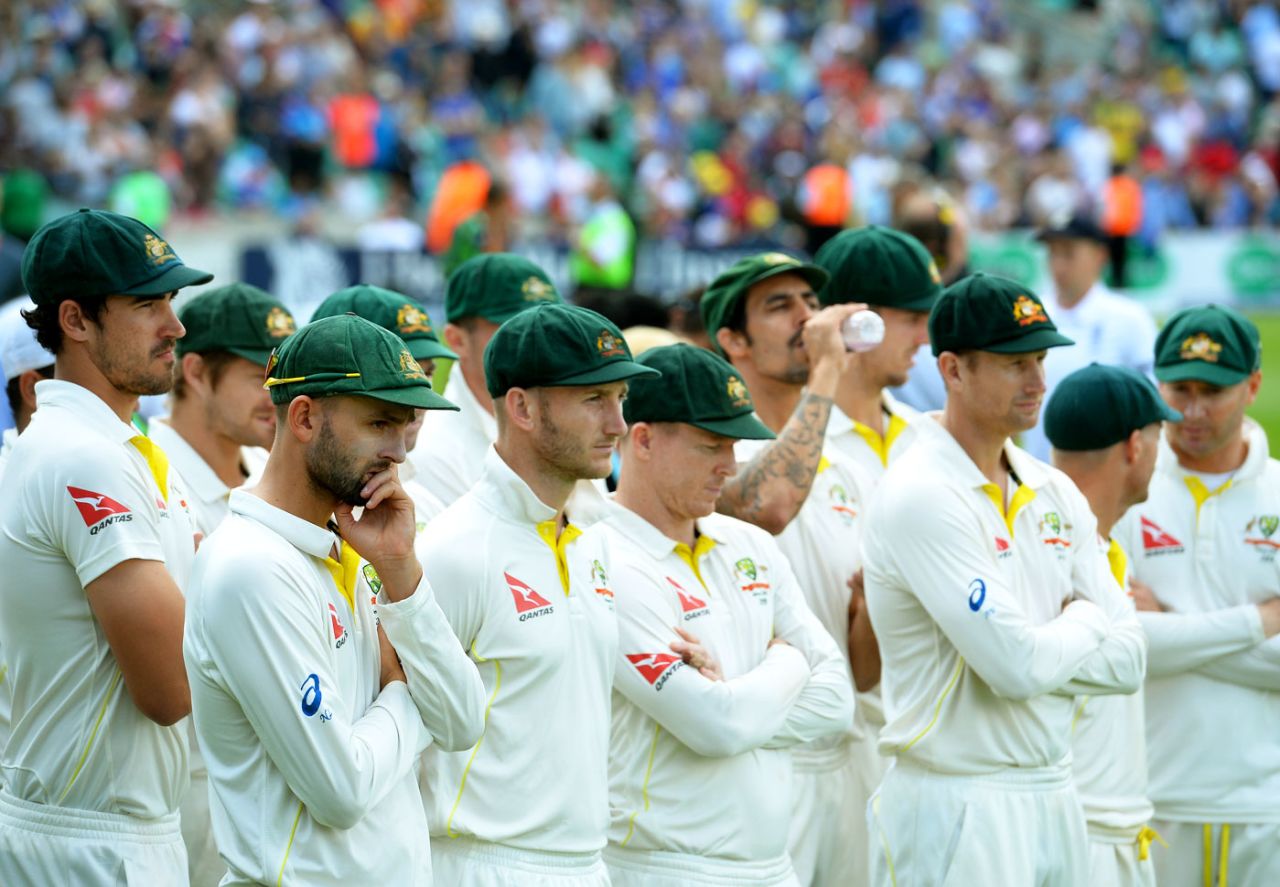 Australian players watch England's celebrations, England v Australia, 5th Investec Ashes Test, The Oval, 4th day, August 23, 2015