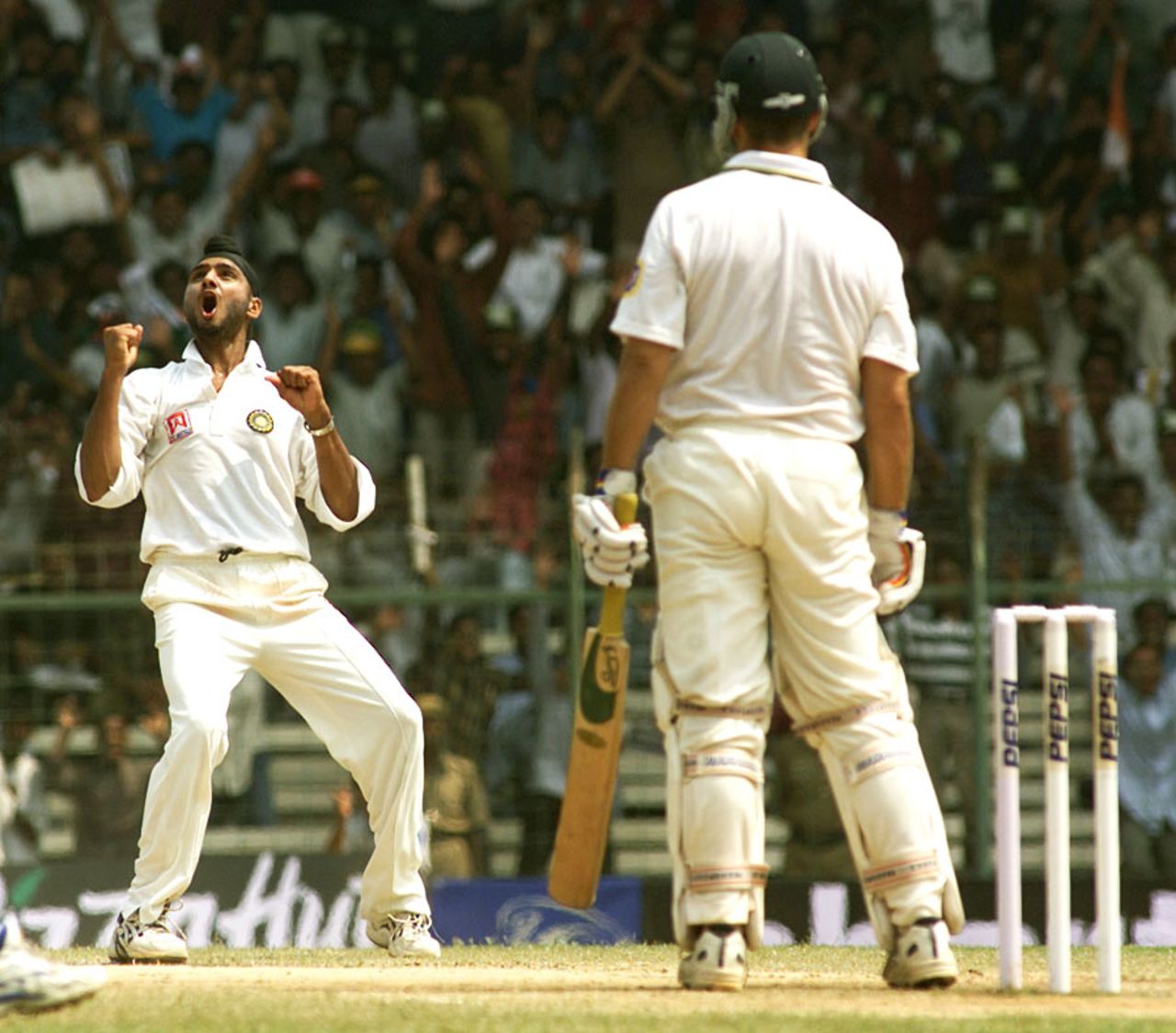 Harbhajan Singh celebrates the wicket of Colin Miller, India v Australia, 3rd Test, Chennai, 5th day, March 22, 2001
