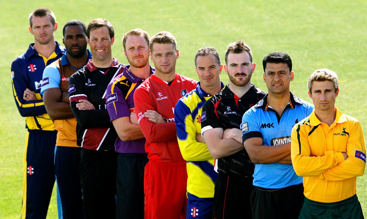 Players from nine counties at the launch day for the NatWest T20 Blast. From left: Michael Hogan, Chesney Hughes, Marcus Trescothick, Andrew Gale, Jos Buttler, Michael Klinger, Ben Raine, Yasir Arafat and James Taylor, Edgbaston, April 17, 2014
