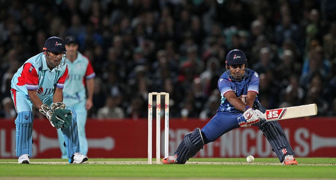 Mahela Jayawardene plays the reverse sweep during the Cricket for Heroes charity match, London, September 17, 2015