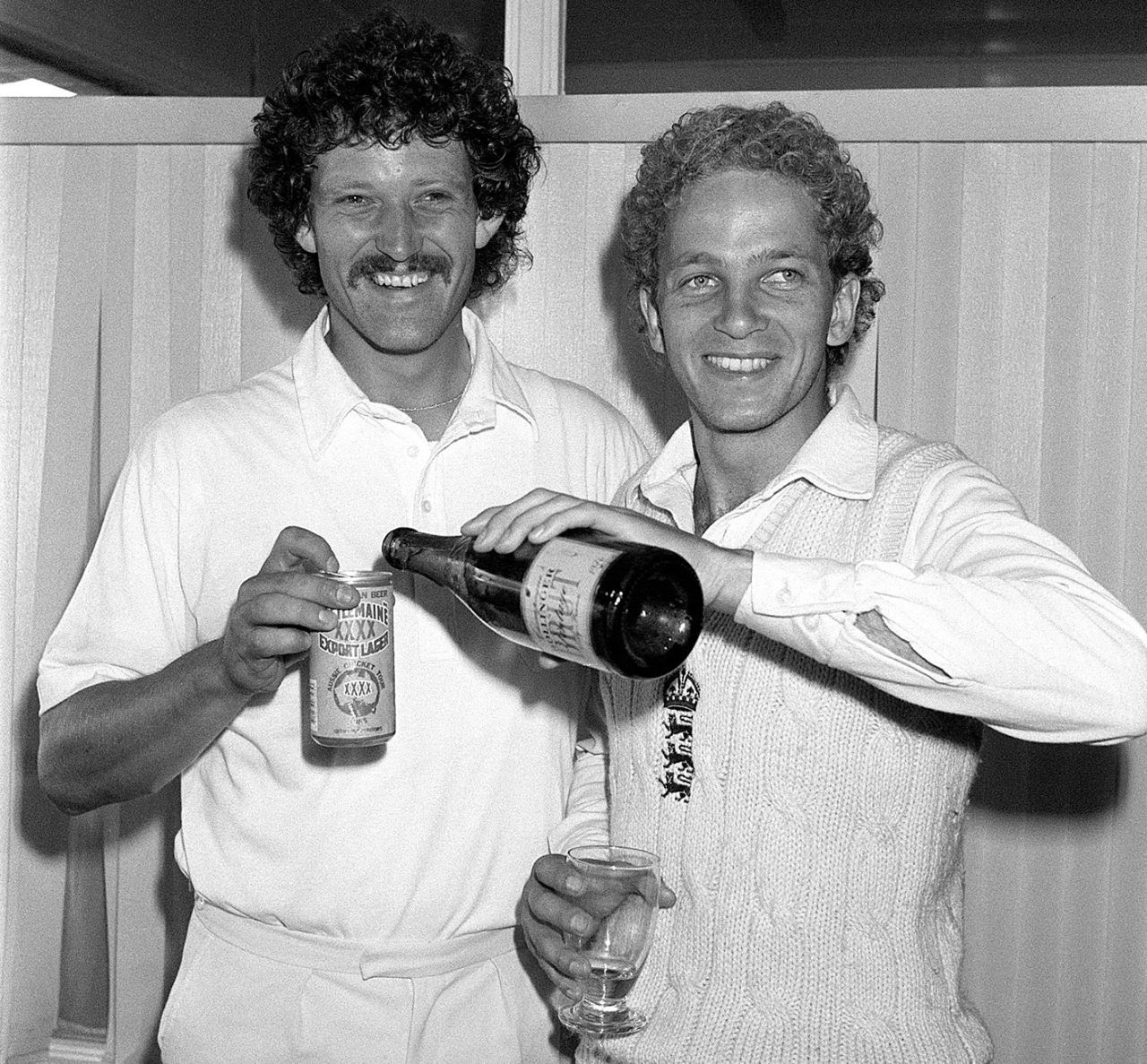 Richard Ellison and David Gower celebrate after winning the 1985 Ashes, England v Australia, 5th Test, The Oval, 5th day, August 20, 1985 