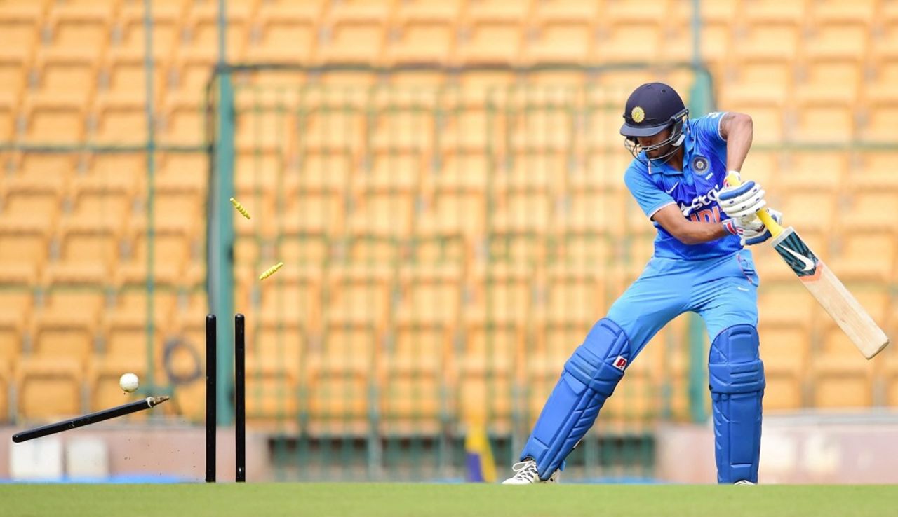 Manish Pandey is bowled for 36 off 70 balls, India A v Bangladesh A, 2nd unofficial ODI, Bangalore, September 18, 2015