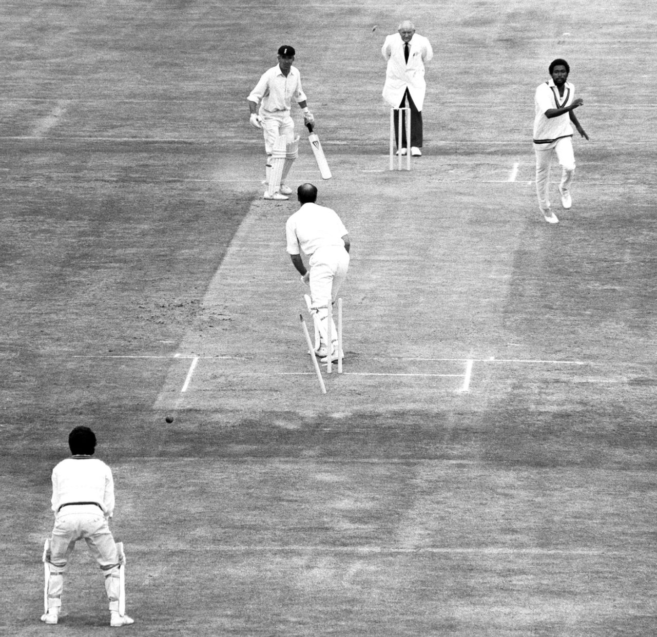 Brian Close is bowled by Andy Roberts England v West Indies, 3rd Test, Old Trafford, 4th day, July 12, 1976