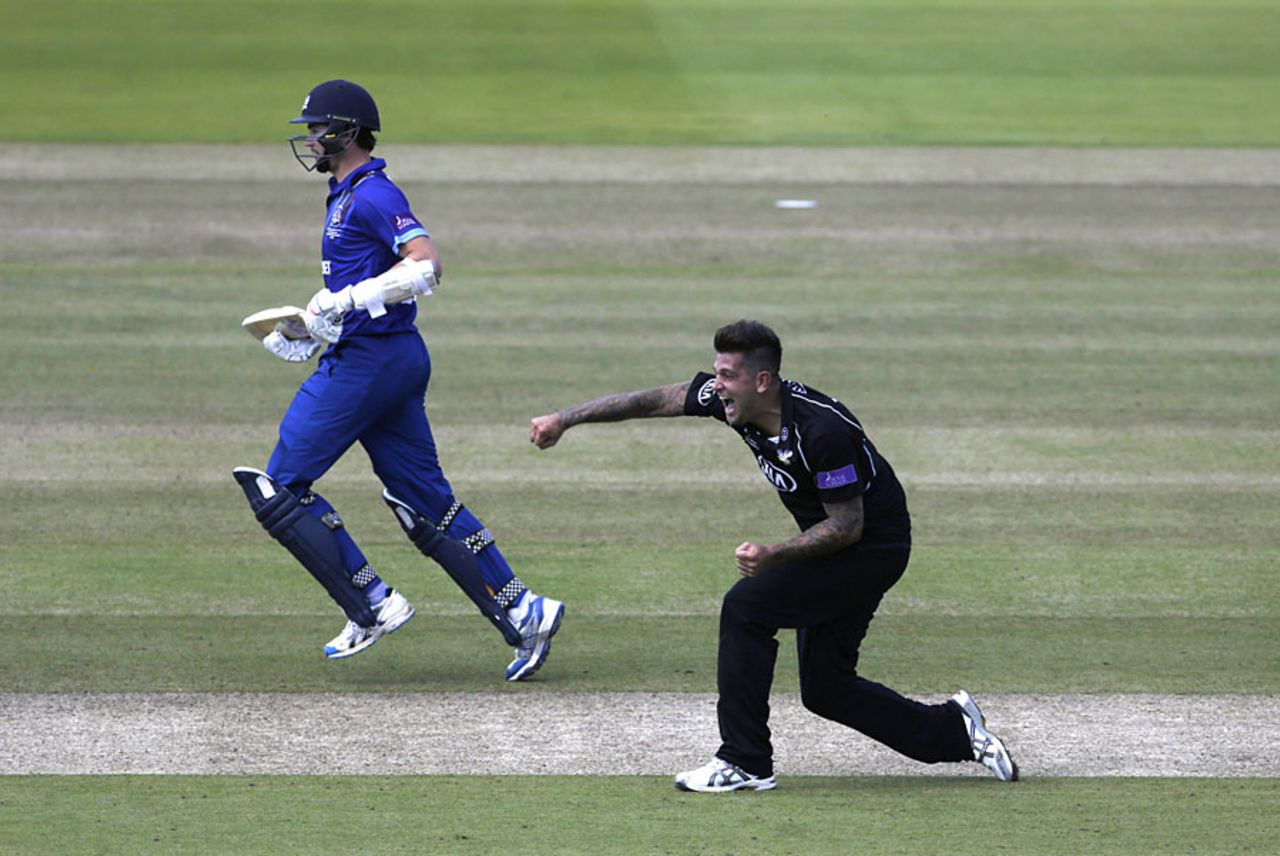 Jade Dernbach celebrates his hat-trick wicket, Gloucestershire v Surrey, Royal London Cup final, Lord's, September 19, 2015