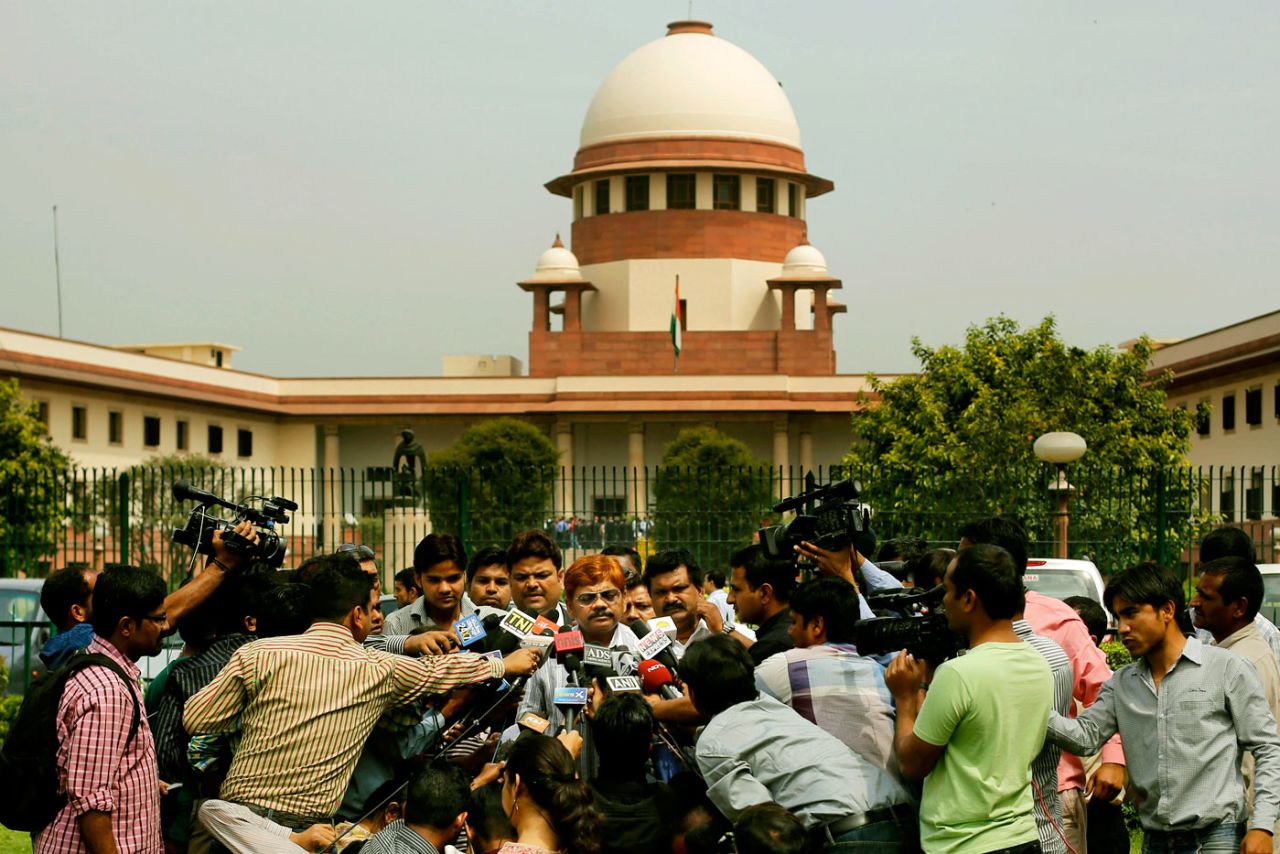 Aditya Verma, the secretary of Cricket Association of Bihar, speaks to reporters outside the Supreme Court, New Delhi, March 28, 2014