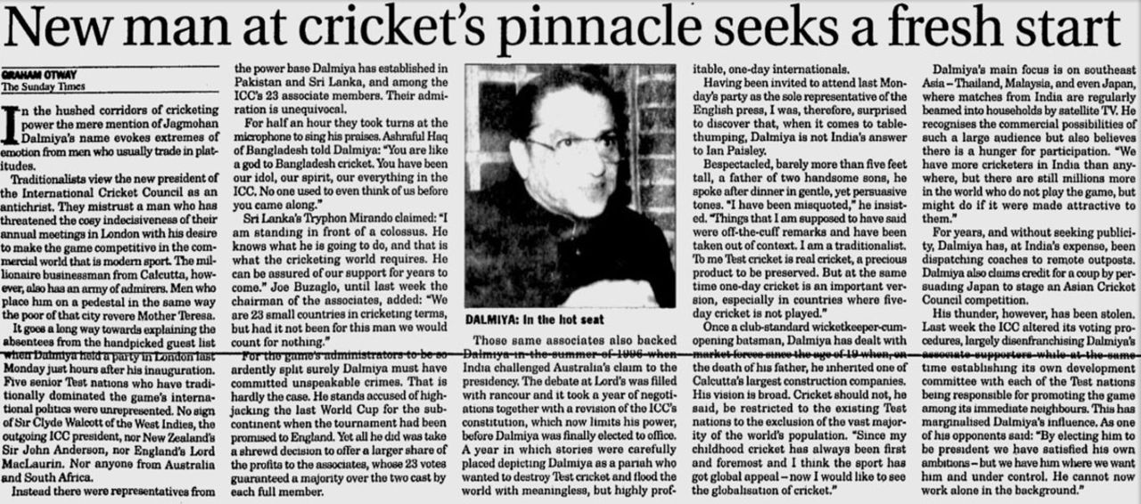 A Sunday Times news story about Jagmohan Dalmiya becoming the ICC president, June 28, 1997