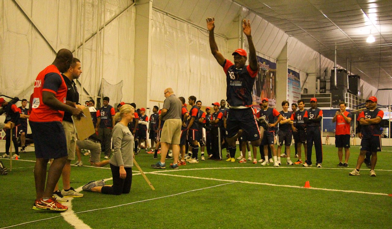 Elmore Hutchinson launches for a broad jump test, ICC Americas Combine, Indianapolis, September 19, 2015