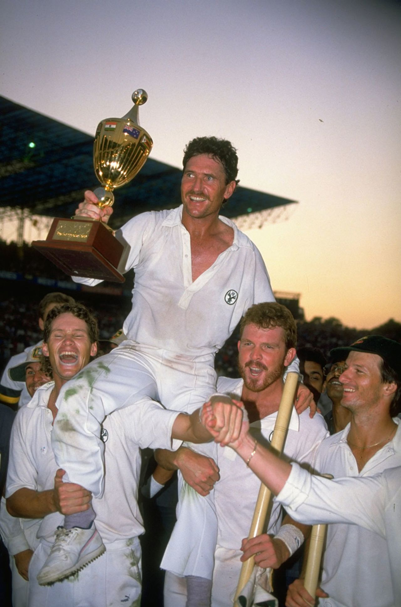 Australia captain Allan Border holds aloft the 1987 World Cup trophy, Australia v England, World Cup, final, Kolkata, November 8, 1987