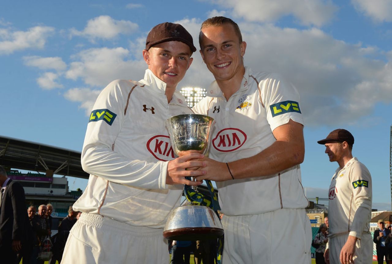 Sam and Tom Curran pose with the Division Two trophy, Surrey v Northamptonshire, County Championship, Division Two, 4th day, September 25, 2015