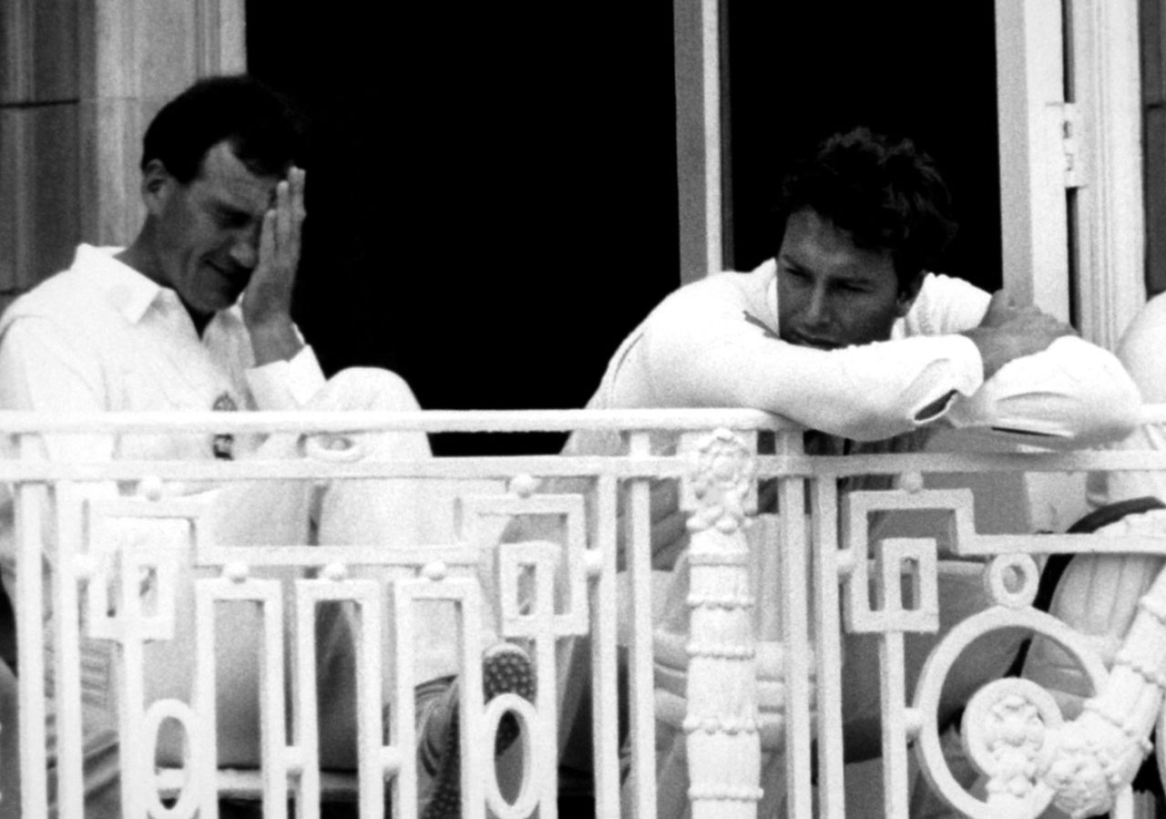 Captain John Emburey isn't happy with England's performance. Bowler Derek Pringle sits next to him, England v West Indies, 2nd Test, Lord's, 4th day, June 20, 1988