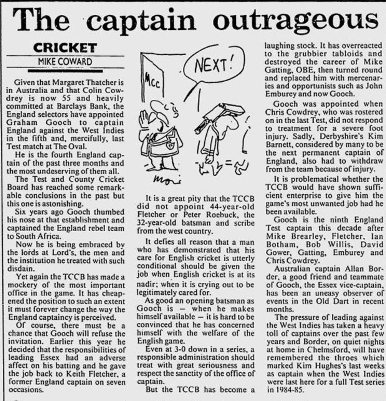A news story about the number of captains used by England in the 1988 season