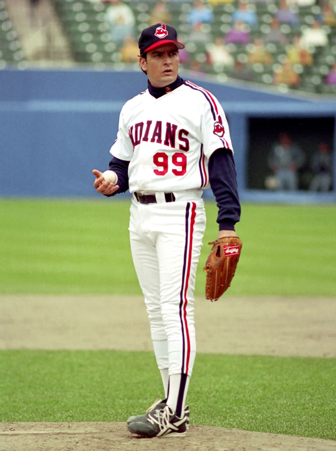 Charlie Sheen as Rick "The Wild Thing" Vaughn in Major League II, September 1993