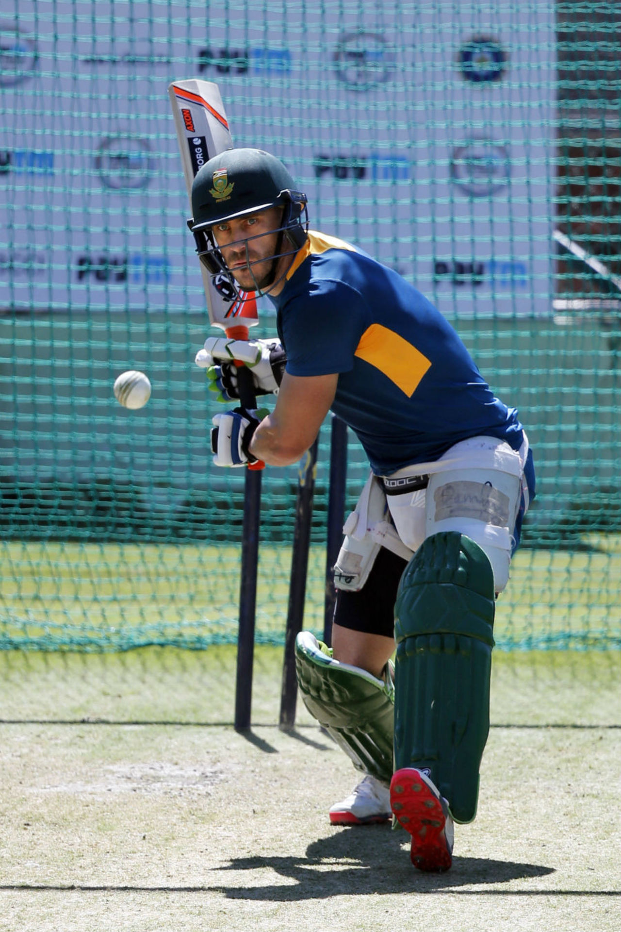 Faf du Plessis has a hit in the nets on the eve of the first T20I against India, Dharamsala, October 1, 2015