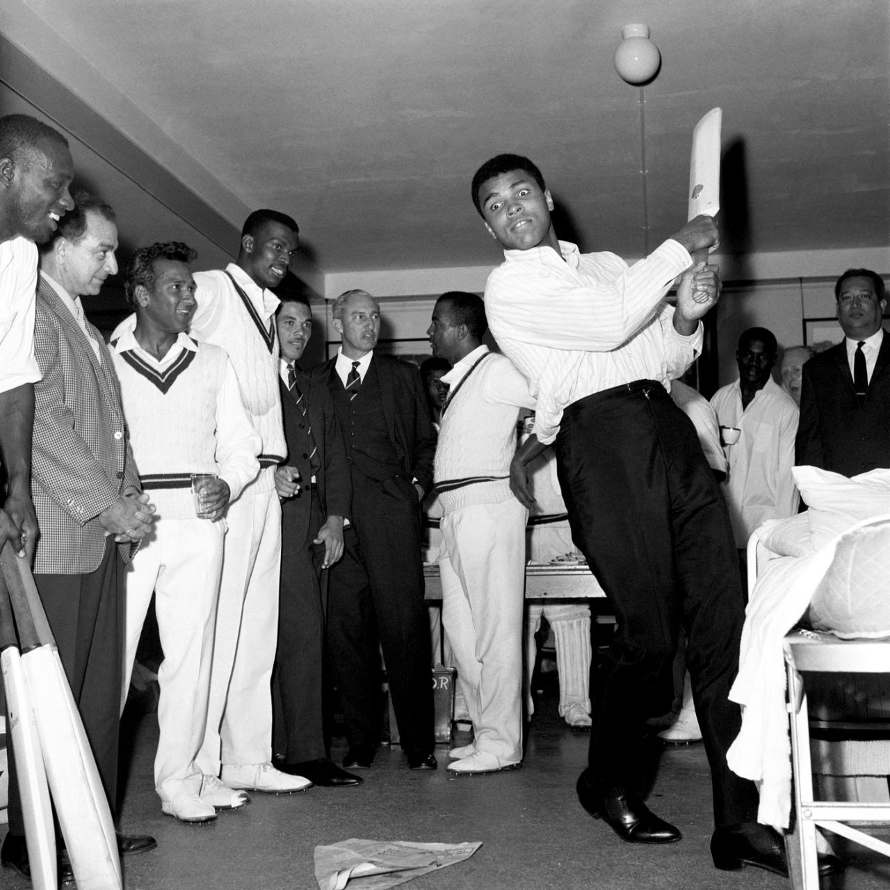West Indies players watch Muhammad Ali bat in their dressing room at Lord's, England v West Indies, Lord's, 1st day, June 16, 1966