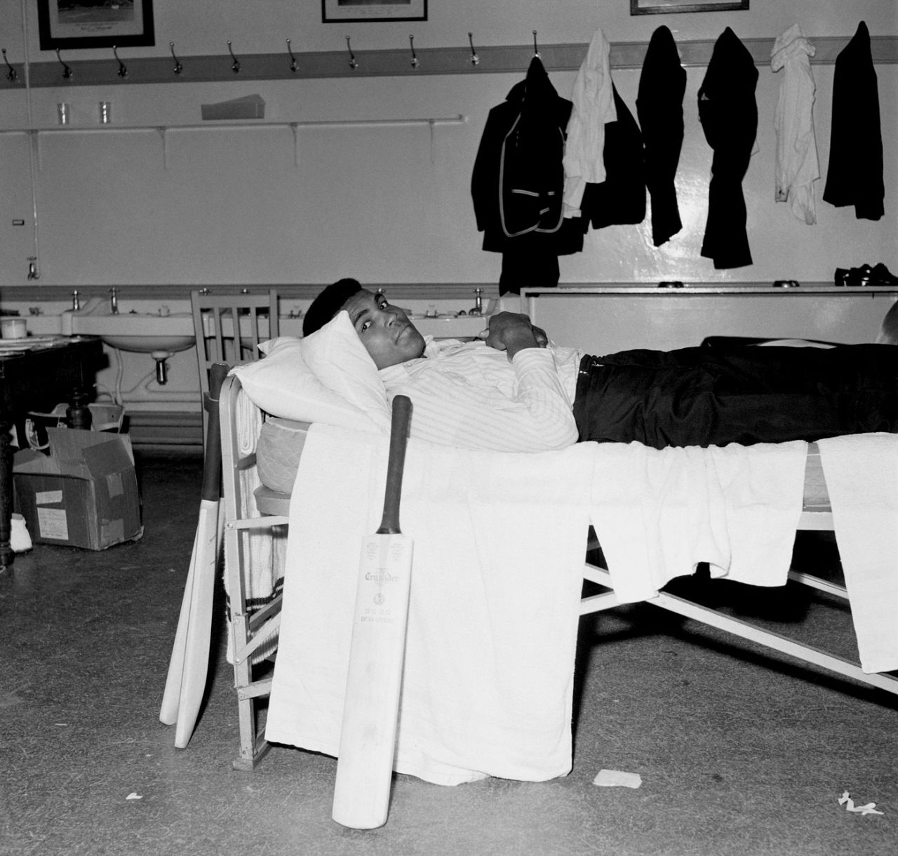 Muhammad Ali relaxes in the West Indies dressing room at Lord's, England v West Indies, Lord's, 1st day, June 16, 1966