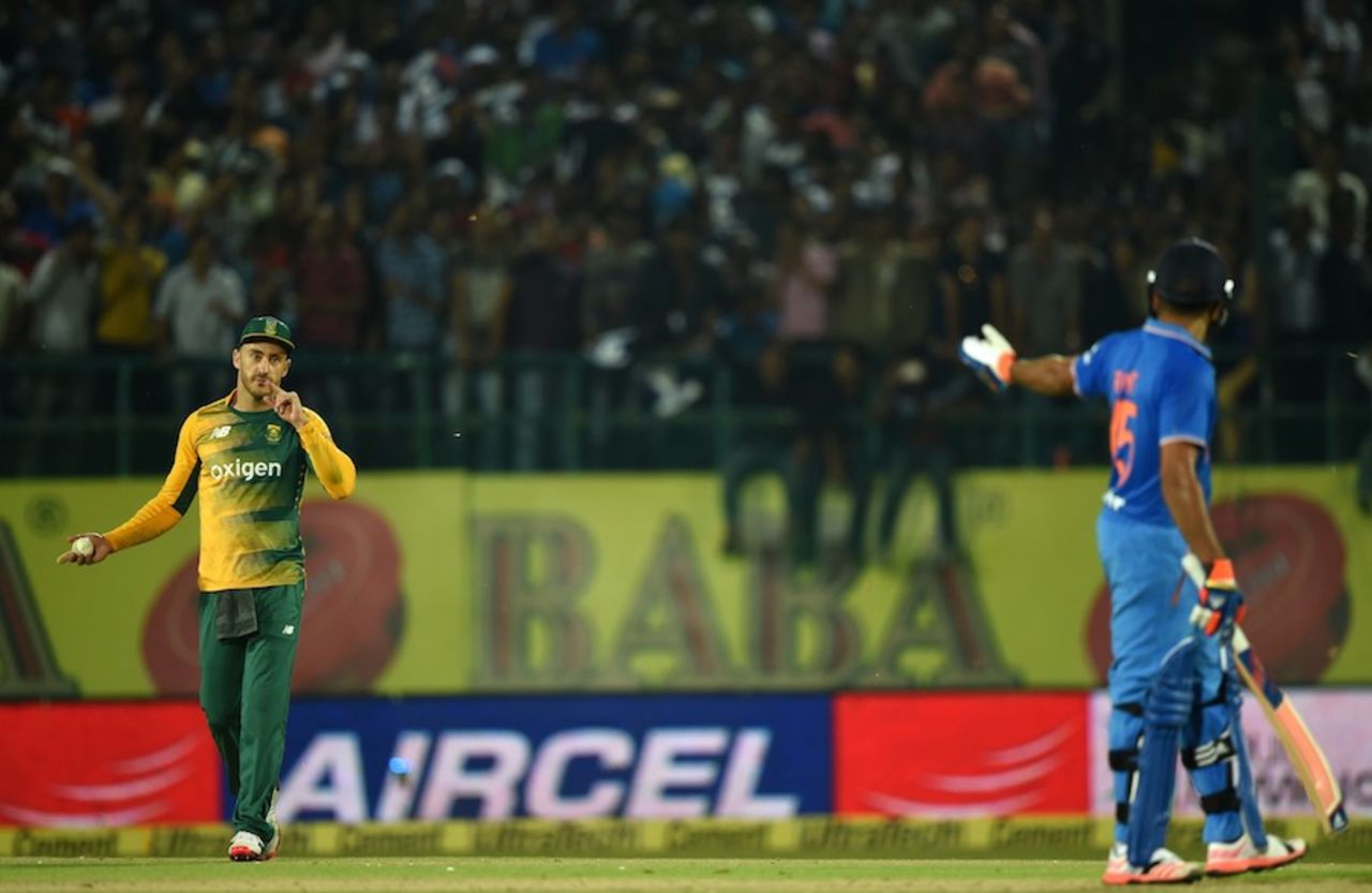 There was some chit chat between Rohit Sharma and Faf du Plessis, India v South Africa, 1st T20, Dharamsala, October 2, 2015