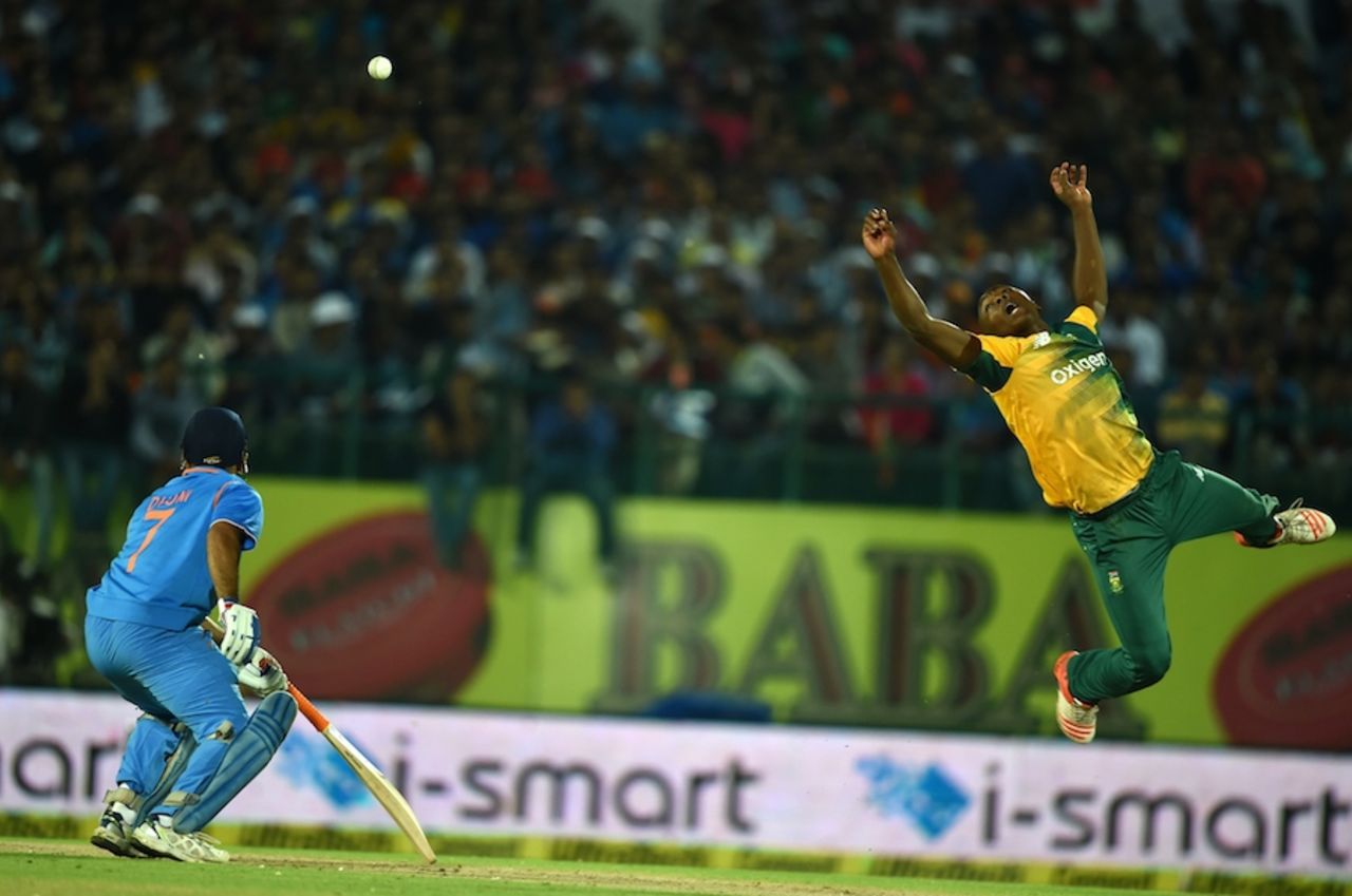 Kagiso Rabada leaps to intercept the ball, India v South Africa, 1st T20, Dharamsala, October 2, 2015