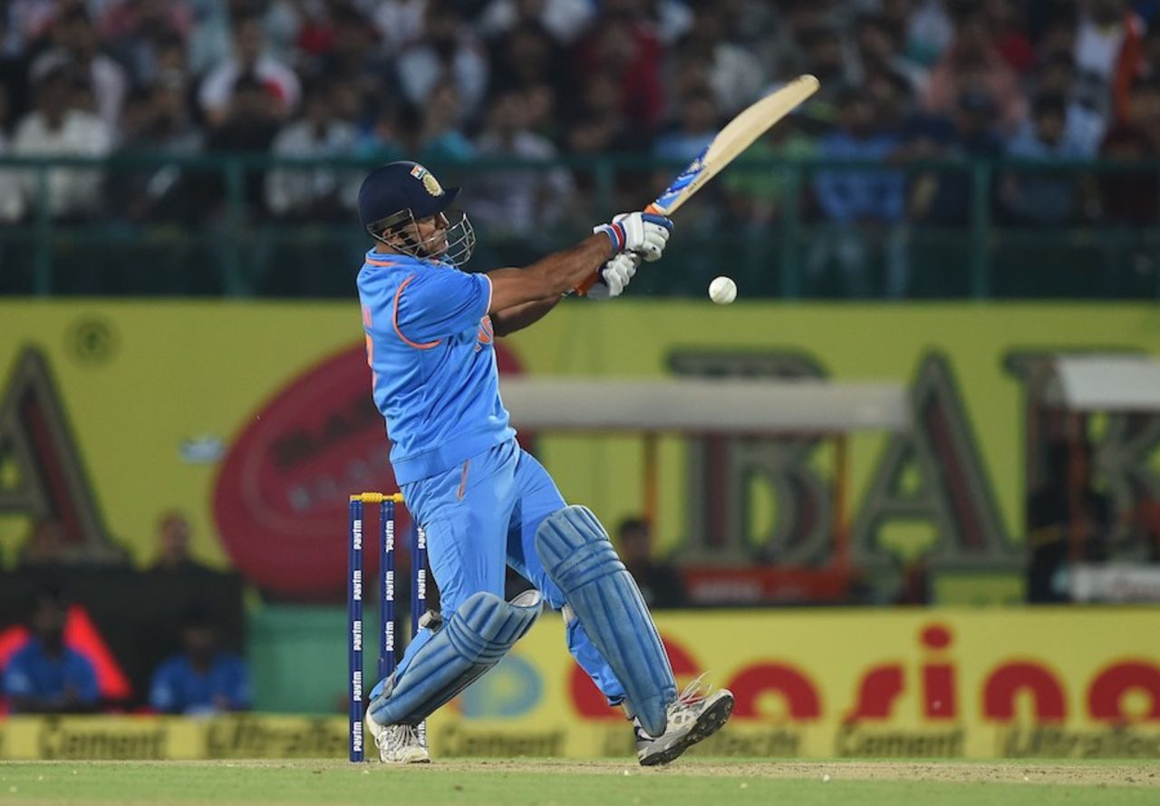 MS Dhoni had several mis-hits in the 12 balls he faced, India v South Africa, 1st T20, Dharamsala, October 2, 2015
