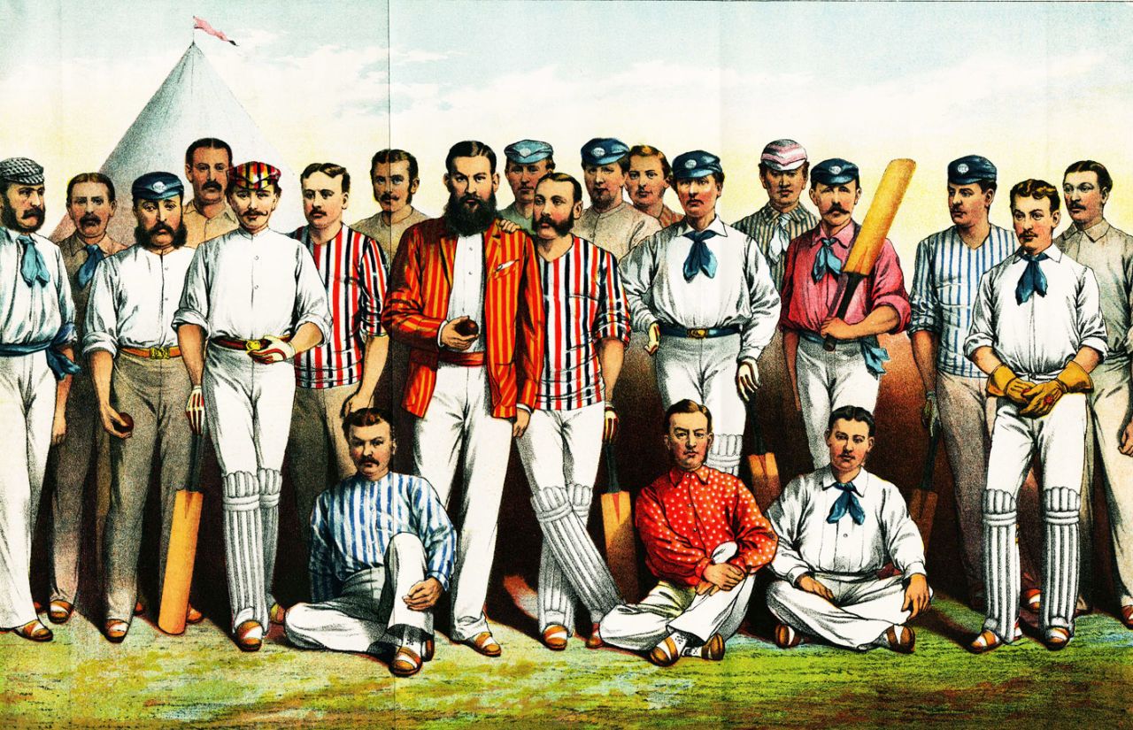 Illustrated lithographic portrait shows famous English Cricketers, 1880