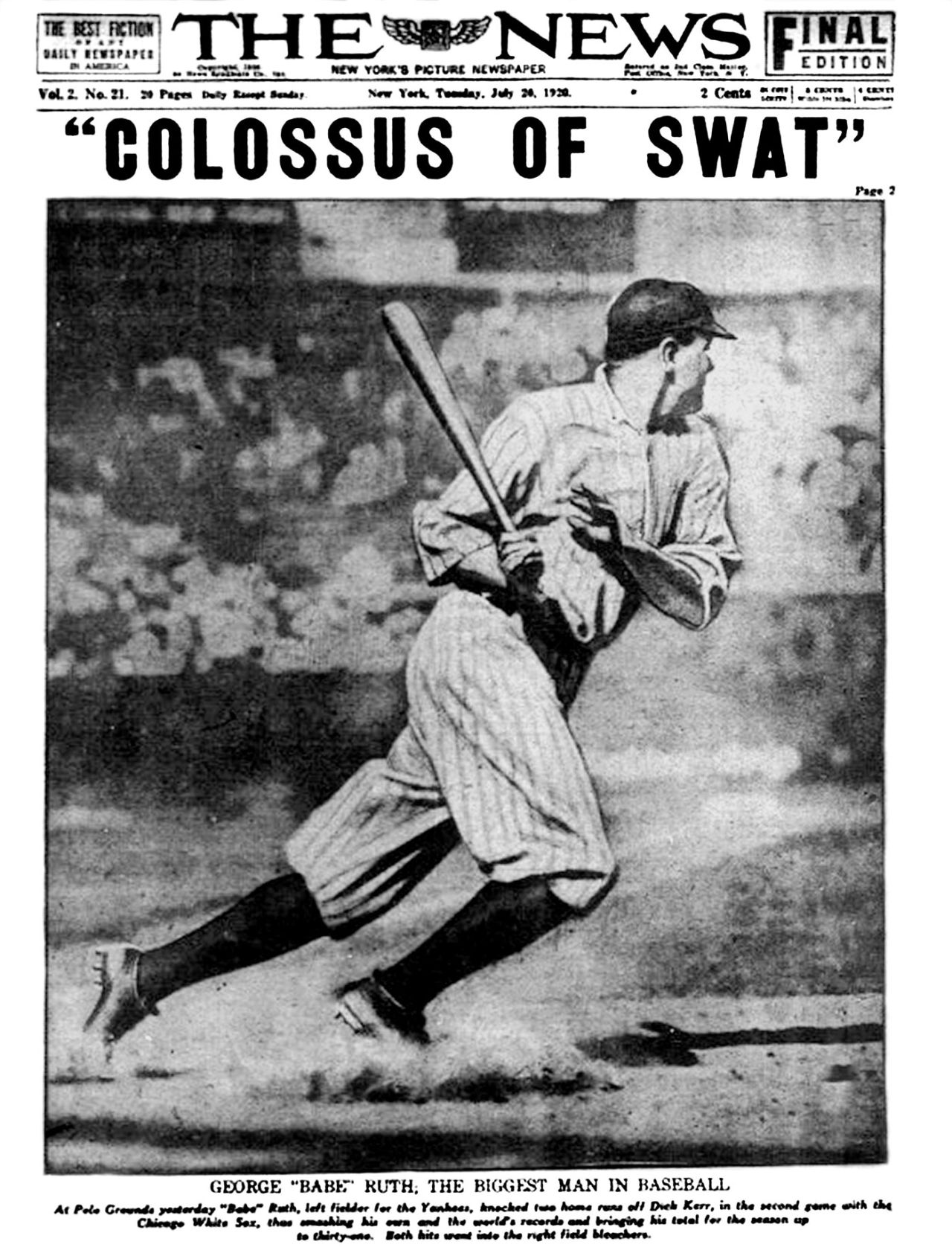 Babe Ruth's record-breaking home runs make it to the front page of the New York <i>Daily News</i>, July 20, 1920