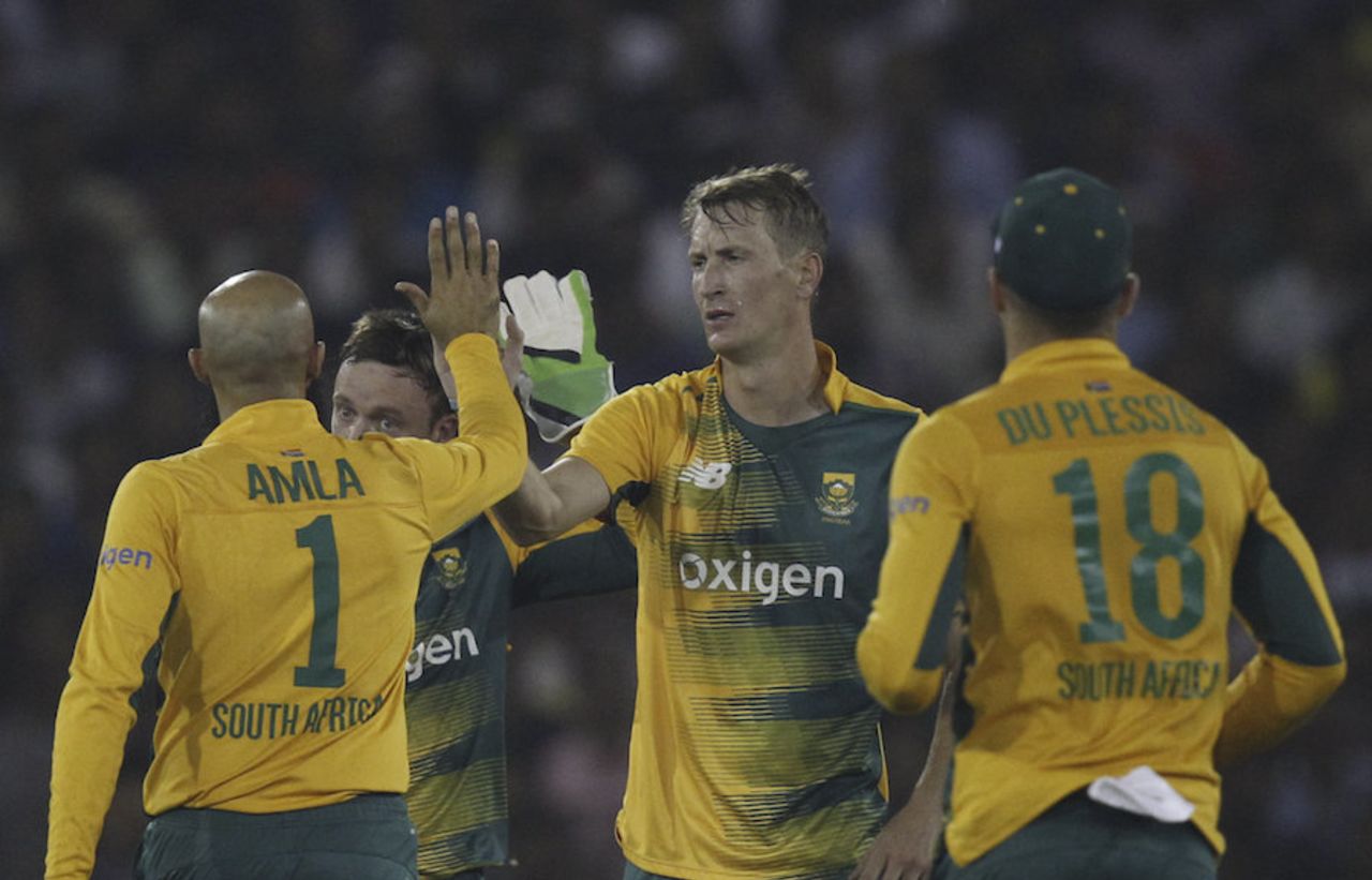 Chris Morris is congratulated for dismissing Shikhar Dhawan, India v South Africa, 2nd T20I, Cuttack, October 5, 2015