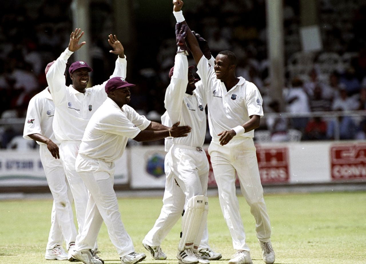 Courtney Walsh (far right) celebrates a wicket, West Indies v Australia, third Test, March 26, 1999