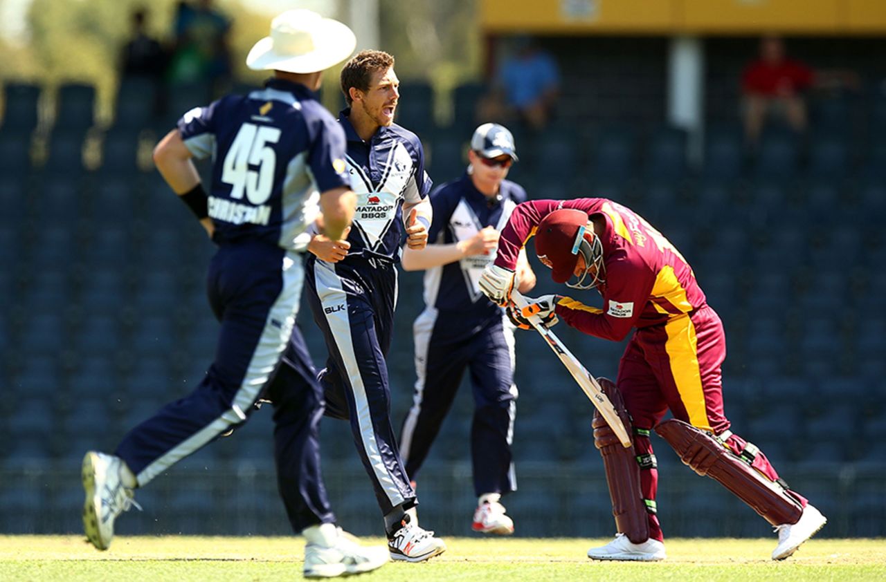 James Pattinson celebrates after taking one of his four wickets, Victoria v Queensland, Matador Cup 2015-16, Sydney, October 9, 2015