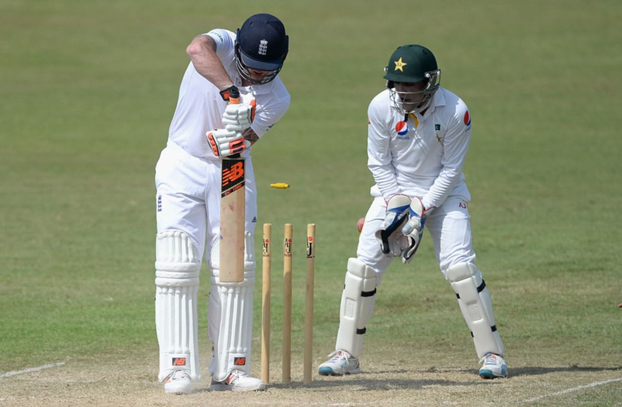 Ben Stokes plays back and is bowled, Pakistan A v England XI, Sharjah, Tour match, 2nd day, October 9, 2015