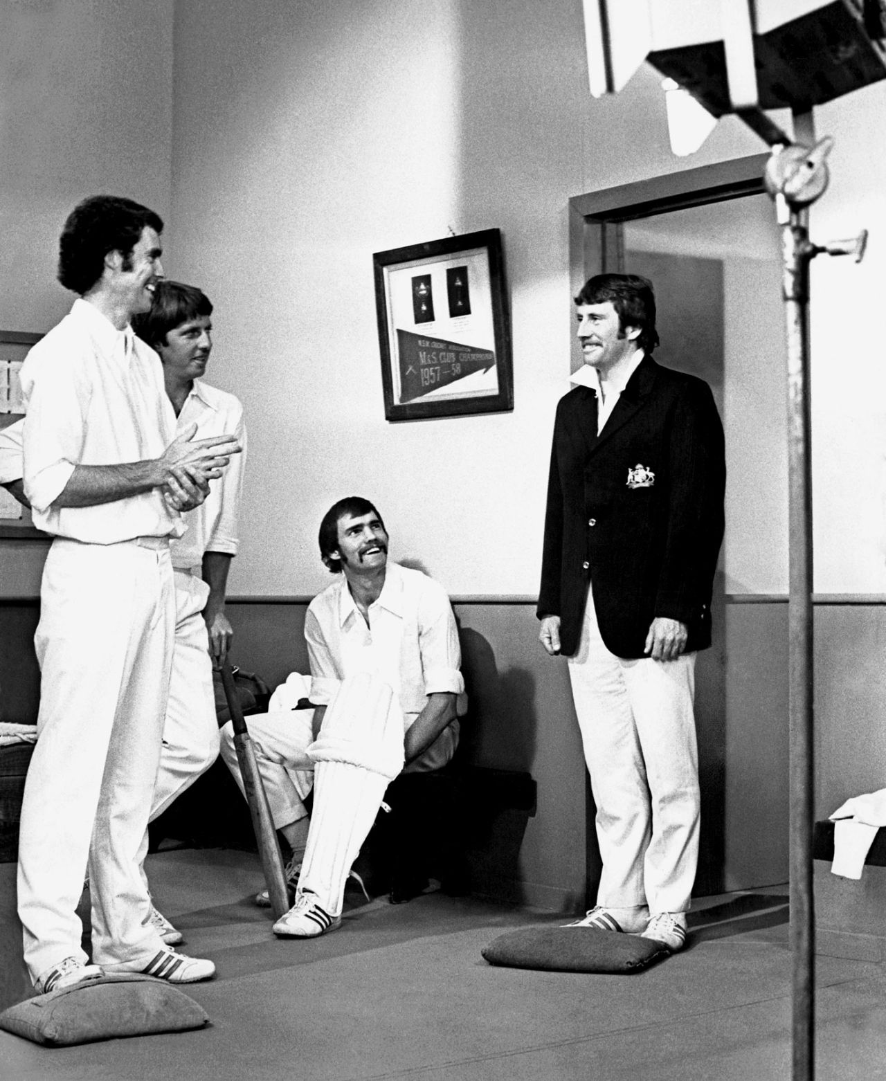 Ian Chappell, Greg Chappell, Jeff Thomson and Richie Robinson shoot a TV commercial at the SCG, April 1975