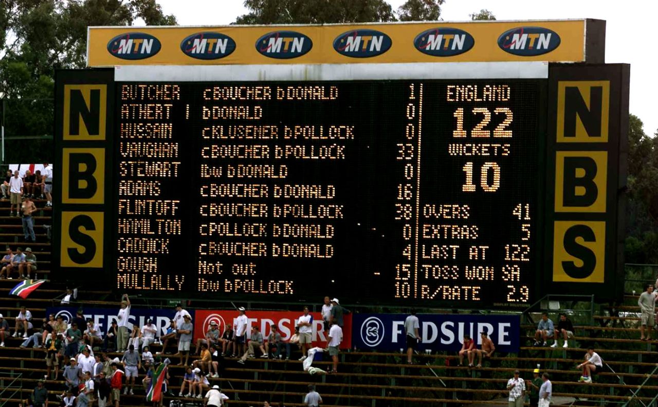 The scoreboard shows England's poor total, South Africa v England, 1st Test, Johannesburg, 1st day, November 25, 1999