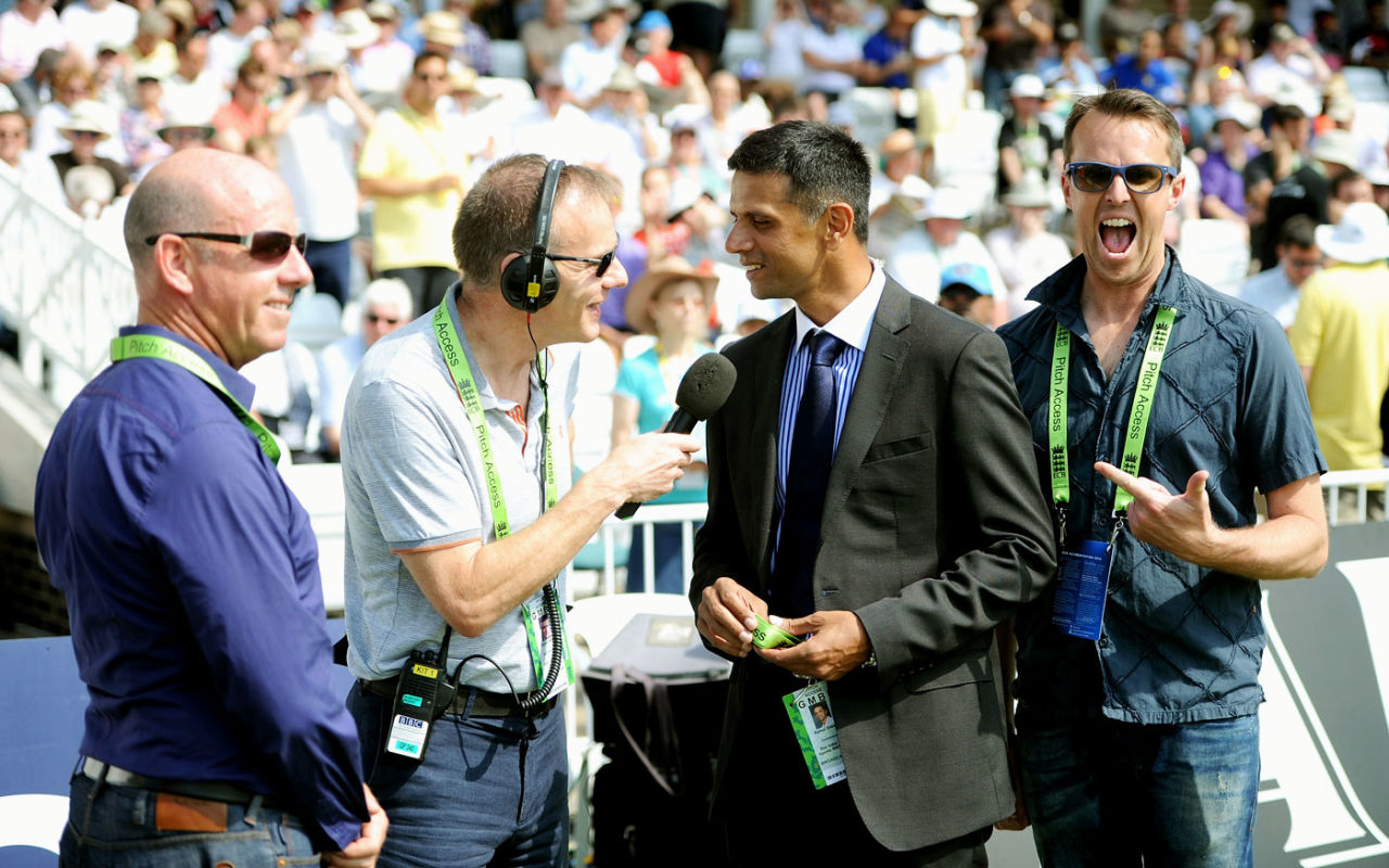 Test Match Special commentators Simon Hughes, Simon Mann, Rahul Dravid and Graeme Swann talk ahead of the start of play, England v India, 1st Investec Test, Trent Bridge, 4th day, July 12, 2014
