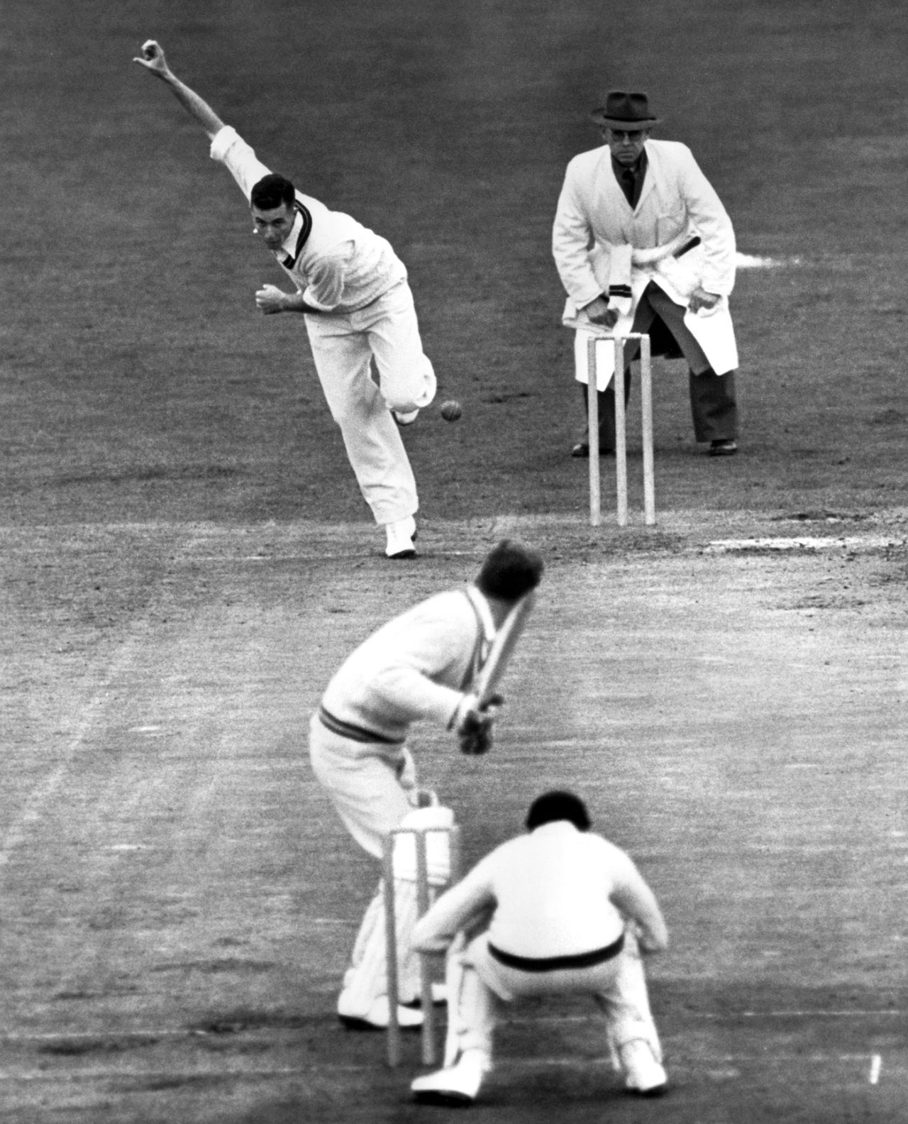 Trevor Goddard bowls in a tour match, Nottinghamshire v South Africans, Trent Bridge, 2nd day, May 16, 1955