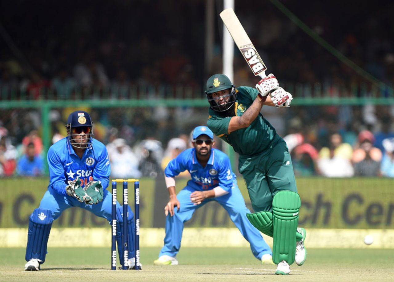 Hashim Amla drills one down the ground, India v South Africa, 1st ODI, Kanpur, October 11, 2015