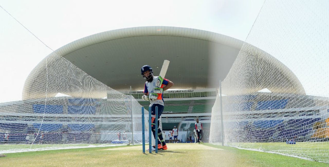 Moeen Ali bats in the nets ahead of the first Test, Abu Dhabi, October 11, 2015