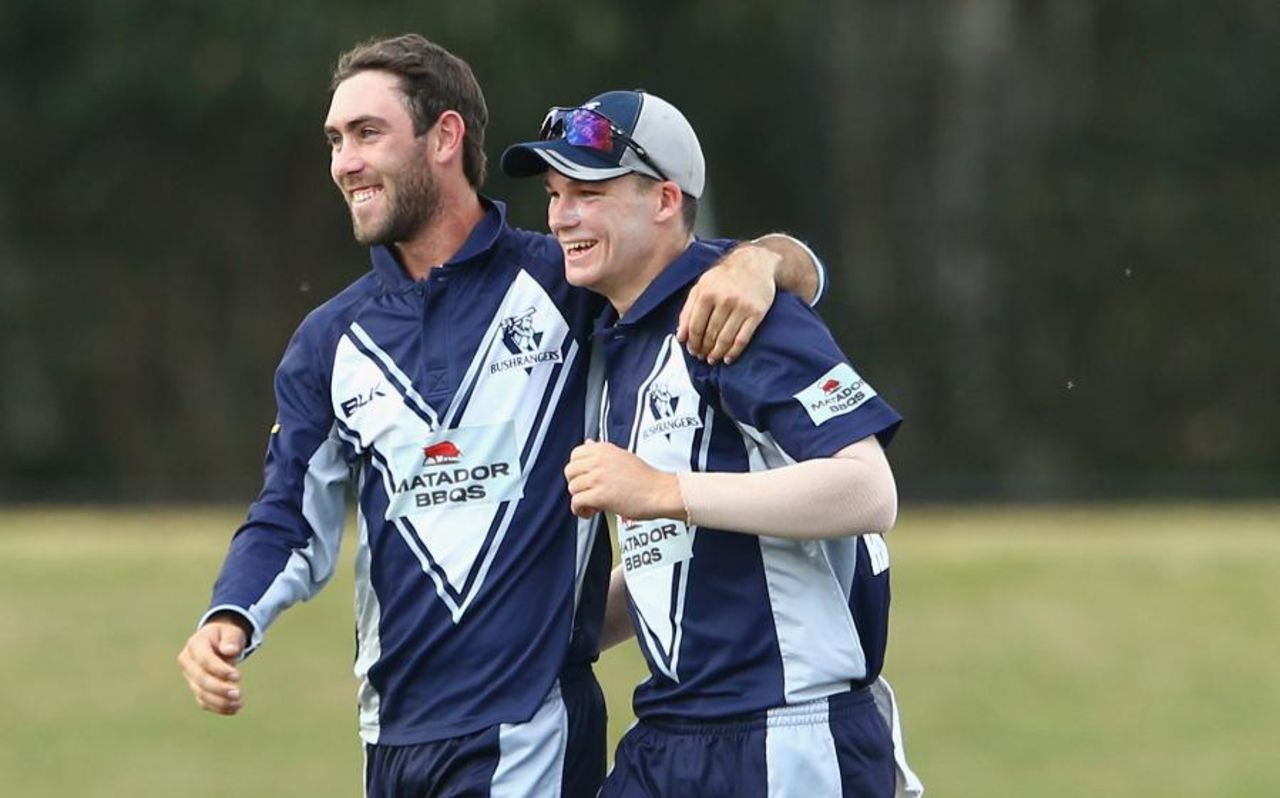Glenn Maxwell and Peter Handscomb celebrate a wicket, Victoria v Western Australia, Matador Cup, Sydney, October 12, 2015