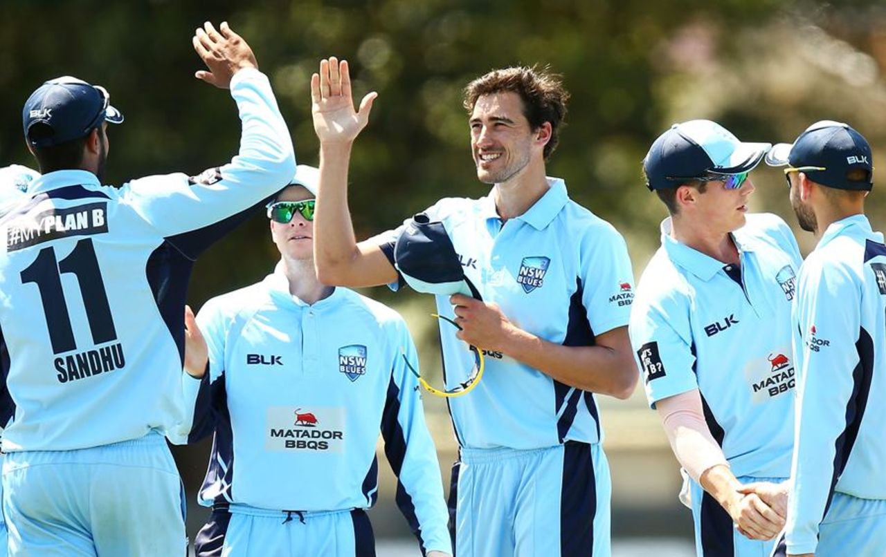 Mitchell Starc celebrates a wicket, New South Wales v Tasmania, Matador Cup, Sydney, October 12, 2015