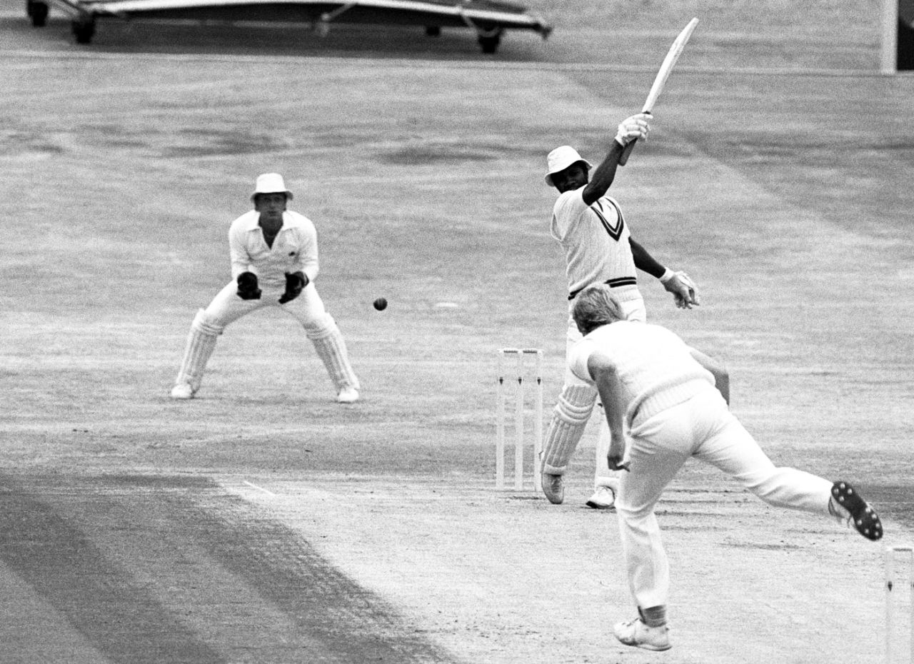 Malcolm Marshall hits the ball one-handed, England v West Indies, third Test, third day, Headingley, July 14, 1984