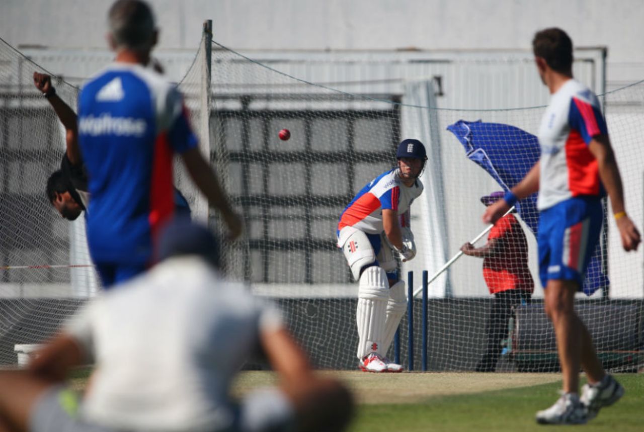 Alastair Cook prepares to face a delivery during a net session, Abu Dhabi, October 12, 2015