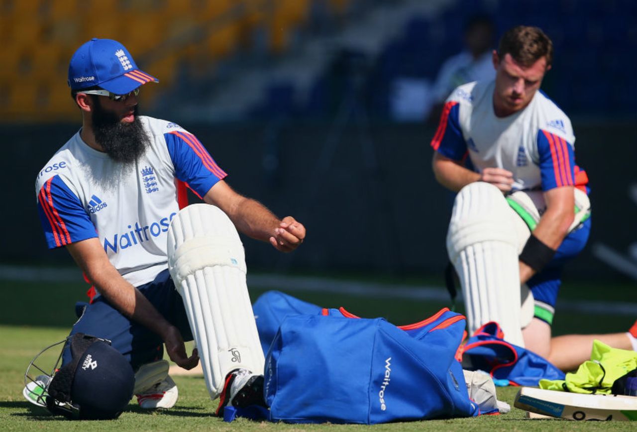 Moeen Ali and Ian Bell pad up for batting practice, Abu Dhabi, October 12, 2015