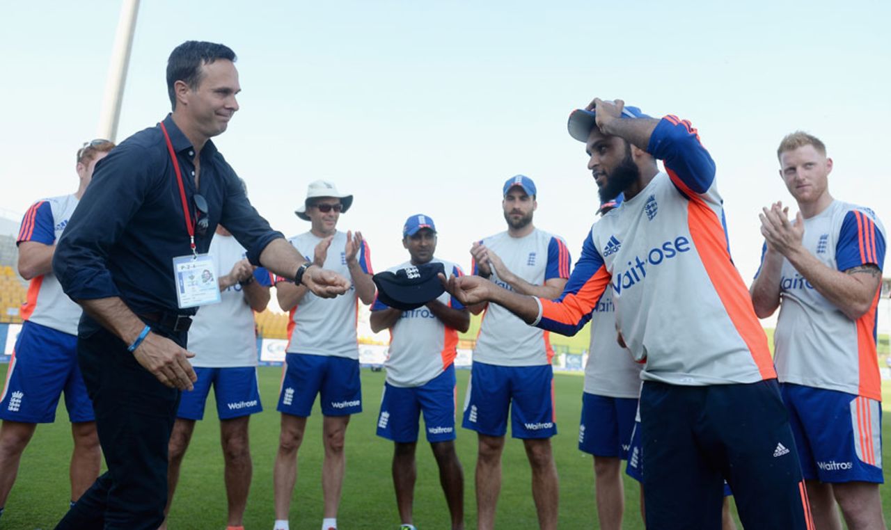 Adil Rashid receives his cap from Michael Vaughan, Pakistan v England, 1st Test, Abu Dhabi, 1st day, October 13, 2015