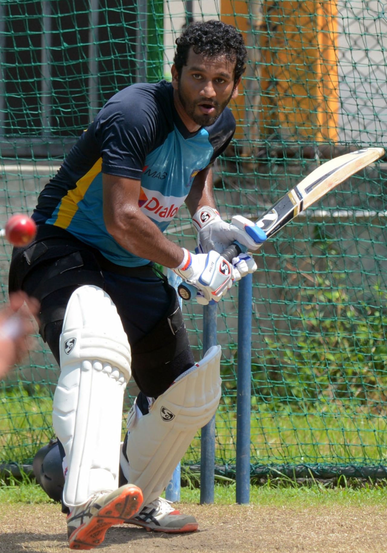 Dimuth Karunatarne sizes up for a hit in the nets, Galle, October 13, 2015